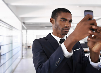 Image showing Businessman, serious and selfie in office for memory of job interview, pride and social media post. Man, photography and pose at company with confidence for lawyer, career or startup at work