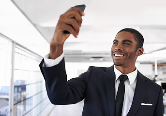 Image showing African man, selfie and office for business with suit for photography, memory and happy for post on web. Person, corporate employee and influencer with smile for profile picture, blog or social media