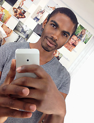 Image showing Man, phone and profile picture in home, update post and smile with tech on weekend in bedroom. Black male person, mirror and confidence in photography, camera app and gen z pride Kenya house