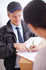 Image showing Courier, man and sign for box in home with paperwork, ecommerce and distribution for online shopping. Delivery, package and signature of person writing on document for shipping service of customer