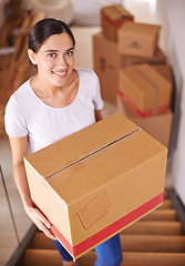 Image showing Portrait, smile and woman with boxes for new home, real estate and moving at stairs. Happy person, cardboard and relocation to property at steps in house, apartment and loan for mortgage of owner