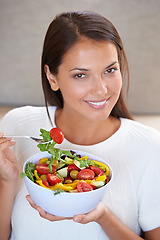 Image showing Happy, eating and portrait of woman with salad for organic, wellness and healthy diet lunch. Food, vegetables and young female person enjoying produce meal, dinner or supper for nutrition at home.