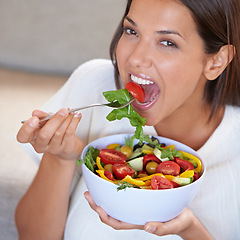 Image showing Health, eating and portrait of woman with salad for organic, wellness and fresh diet lunch. Food, vegetables and young female person enjoying produce meal, dinner or supper for nutrition at home.