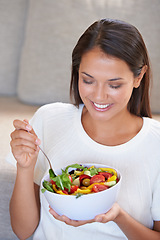 Image showing Nutrition, eating and portrait of woman with salad for organic, wellness and fresh diet lunch. Food, vegetables and young female person enjoying produce meal, dinner or supper for health at home.