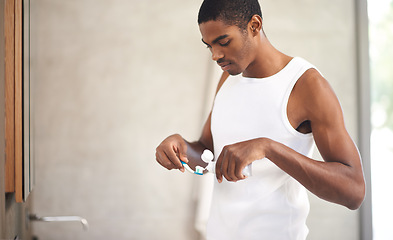 Image showing Bathroom, black man and toothpaste for teeth, cleaning and oral hygiene of mouth, dental and health. Male person, self care and toothbrush for tooth in morning, whitening and fresh breath for guy