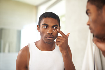 Image showing Bathroom, cream and black man grooming for skincare, self care and treatment for melasma on face. African male person, morning and health with dermatology for results of soft, shine and glow of skin