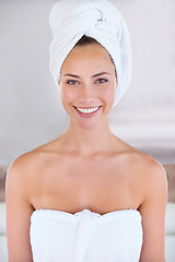 Image showing Wellness, portrait and woman at sauna for beauty, skin care and health. Happy adult lady, female person and smile for cosmetics, body and wellbeing with facial, treatment and natural glow in Canada