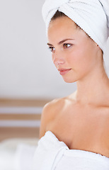 Image showing Woman, face and wellness at spa for skin care, hygiene and beauty routine. Female person, lady and relax for lifestyle, body and wellbeing with cosmetics, treatment and natural glow in Canada