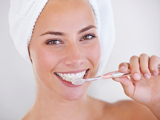 Image showing Toothbrush, dental and portrait of woman brushing teeth for health, wellness and morning oral routine. Self care, smile and young female person with mouth for clean, hygiene or dentistry treatment.