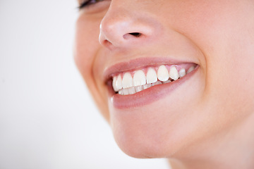 Image showing Smile, oral hygiene and closeup of woman teeth with health, wellness and morning dental routine. Self care, happy and zoom of young female person with mouth for clean, fresh or dentistry treatment.