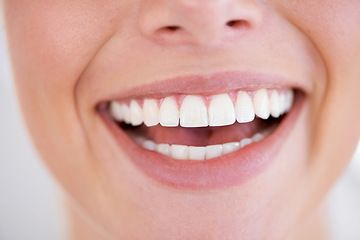 Image showing Smile, dental and closeup of woman teeth with health, wellness and morning oral hygiene routine. Self care, happy and zoom of young female person with mouth for clean, fresh or dentistry treatment.