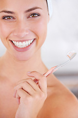 Image showing Toothbrush, smile and portrait of woman brushing teeth for health, wellness and morning oral routine. Self care, dental and young female person with mouth for clean, hygiene or dentistry treatment.