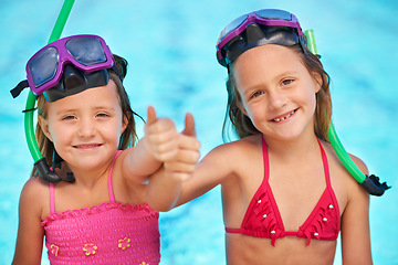 Image showing Portrait, girls and happy kids with thumbs up at swimming pool, sisters or family of siblings in swimsuit outdoor together to relax. Face, like and children by water for vacation, holiday and summer