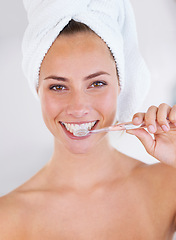 Image showing Toothbrush, health and portrait of woman with dental, wellness or oral hygiene routine. Smile, dentistry and young female person with clean, fresh and natural mouth treatment for self care at home.