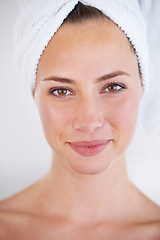 Image showing Woman, portrait and closeup with face for skincare, facial and cosmetics. Female person, Canadian lady and smile for wellness, spa and wellbeing in luxury, beauty treatment and natural glow