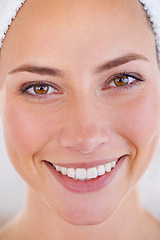 Image showing Beauty model, smile and fresh in closeup for skincare, health and wellness with happiness. Face treatment, routine and woman with confidence glowing skin, smooth and clean or cosmetics with pride