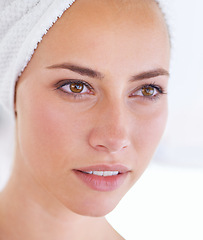 Image showing Skincare, natural beauty and face of woman in bathroom at home for wellness, clean or thinking in the morning. Spa, towel or cosmetics of person in facial treatment for health, dermatology or closeup