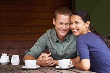 Image showing Restaurant, coffee and couple with love, portrait and customers with relationship and date. Cafe, relax and man with woman or morning with weekend break or bonding together with clients or marriage