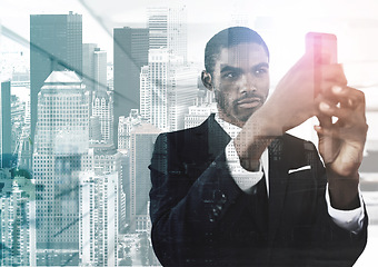 Image showing Businessman, city and phone for overlay and planning, networking and app for communication. Black male person, lawyer professional and double exposure in workplace, website and research for company