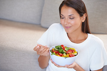 Image showing Health, eating and young woman with salad for organic, wellness and fresh diet lunch. Food, vegetables and female person enjoying vegan produce meal, dinner or supper for nutrition benefits at home.