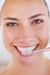 Image showing Toothbrush, hygiene and portrait of woman brushing teeth for health, wellness and morning oral routine. Self care, smile and young female person with mouth for clean, dental or dentistry treatment.