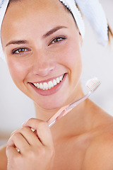 Image showing Toothbrush, dentistry and portrait of woman brushing teeth for health, wellness and morning oral routine. Self care, smile and young female person with mouth for clean, hygiene or dental treatment.
