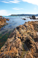 Image showing Freedom, water and beach for travel, vacation or summer holiday, seascape or adventure in nature. Ocean, rock or boulder in New Zealand for tropical paradise, peace or relax with stress relief at sea