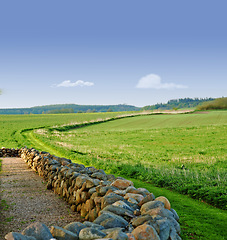 Image showing Sky, field and stone wall in countryside for farming, agro growth or crops for development in nature. Background, travel and landscape of meadow horizon, lawn or natural pasture for grass and ecology