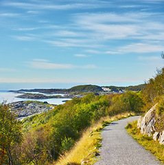 Image showing Road, landscape and sky with ocean in nature for travel, adventure and trees with mountain view in Norway. Path, coastline and location with hill, roadway and environment for holiday and direction
