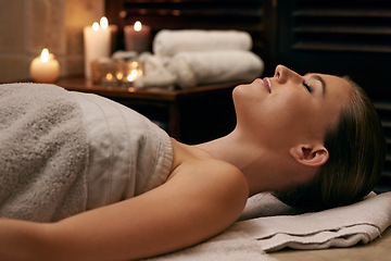 Image showing Woman, luxury and spa with calm, zen and rest for relaxation and stress relief. Person, treatment and wellness for self care, health and massage parlour for happiness and beauty with serenity