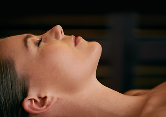 Image showing Woman, zen and calm in spa for peace or wellness, sleeping or daydreaming and relax to free tension. Female person, closeup and luxury for stress relief or rest for wellbeing with mindfulness.