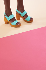 Image showing Female model, shoes and high heels for feet, floor and fashion with mock up space and colour block. Contemporary, stylish and trendy for funky black woman person, retro and unique vintage design