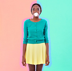 Image showing Black woman, studio and fashion with gum for bubble, blowing and stylish with color block. Candy, art and face of African person with outline for fun, chewing and trendy clothes in portrait