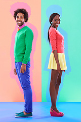 Image showing Fashion, smile and portrait of black couple in studio with colorful, trendy and stylish outfit. Happy, love and full body of African man and woman with edgy, classy and retro style by background.