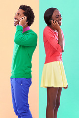 Image showing Couple, talking and phone call in colorful clothes for fashion, dating or new love with crush. African people, young and smile for excited on mobile for flirting, laughter and jokes together