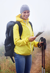 Image showing Hiking, portrait or happy woman with map, guide or trekking pole in nature for adventure. Backpacking, face or lady explorer in forest for navigation, paper or direction documents for location search