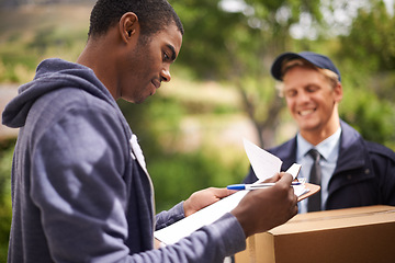 Image showing Courier, men and client signing for a delivery, clipboard and product with industry and box. People, service and employee with a customer and document with shipping and post with paperwork and stock