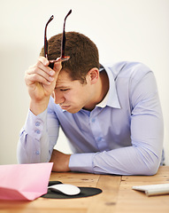 Image showing Stress, job loss and businessman at desk with fear of bankruptcy, debt and letter of unemployment. Anxiety, depression and burnout, business risk and frustrated man in office with termination notice