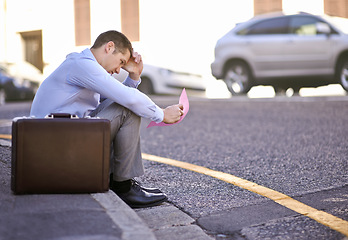 Image showing Businessman, failure or job loss in street with letter, stress or thinking of career crisis. Salesman, pink slip or mental health or anxiety of work performance or fired with termination of contract