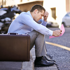 Image showing Businessman, worry or job loss in street with letter, stress or thinking of career crisis. Salesman, pink slip or mental health or anxiety of work performance or fired with termination of contract