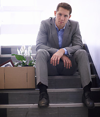 Image showing Businessman, portrait or job loss in company with box, stairs or thinking of career crisis. Salesman, sad and face for mental health or anxiety for fired, worry and depression for termination of work