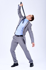 Image showing Businessman, studio and strangling with a tie for crisis, stress and company failure by white background. Accountant, bankruptcy and problem in stock market, mistake and loss of investor confidence