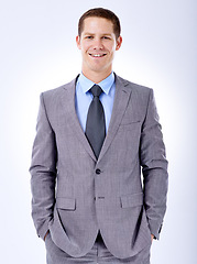 Image showing Businessman, studio and happy portrait in formal suit for ambition, confident and commitment in recruitment. Smile, face and hr consultant with confidence in career and positive by white background