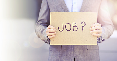 Image showing Person, unemployment and search for job on cardboard, recession and professional worker with sign. Businessperson, poster or card for growth or career development or mockup in street for helping hand