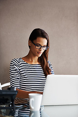 Image showing Laptop, reading and business woman in office for online project, typing and editing of report at startup. Worker, writer or editor in glasses and computer for social media research a wall background