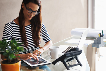 Image showing Woman, tablet and desk with laptop for research, reading notification and checking email in office. Journalist, technology and thinking with electronics for idea, planning or online communication