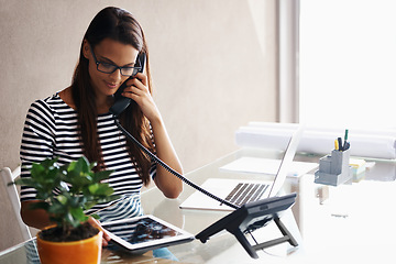 Image showing Woman, phone call and tablet with laptop in office for telecommuting, communication and planning. Business person, receptionist or secretary with technology and internet for research and info