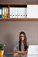 Image showing Laptop, portrait and confident woman in administration for planning, editing and email in business. Tablet, receptionist and happy secretary ready for online project, startup and research on files