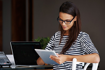 Image showing Woman, office and tablet at desk for work as legal secretary with technology to manage or schedule meetings with clients. Personal assistant, online and organize appointment with digital touchscreen.