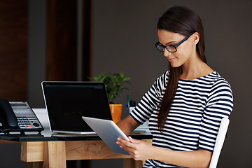 Image showing Woman, office and technology at desk for work as legal secretary with tablet to manage or schedule meetings with clients. Personal assistant, online and organize appointment with digital touchscreen.